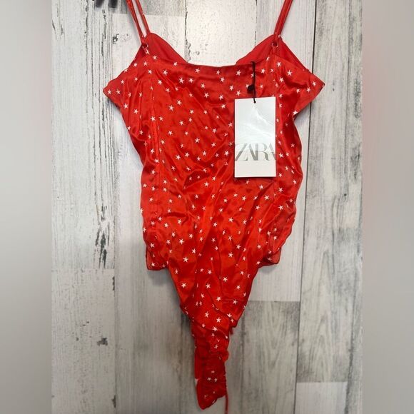 Zara Red Star Print Lace-Up Bodysuit Size XS NWT - Picture 9 of 11